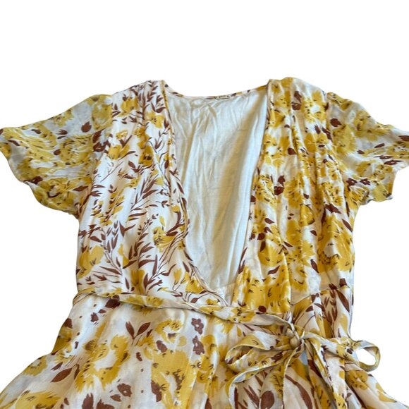 Chan Luu Yellow Brown Floral Print Wrap Dress V-Neck Mini A-Line Size XS Women's - Picture 2 of 12